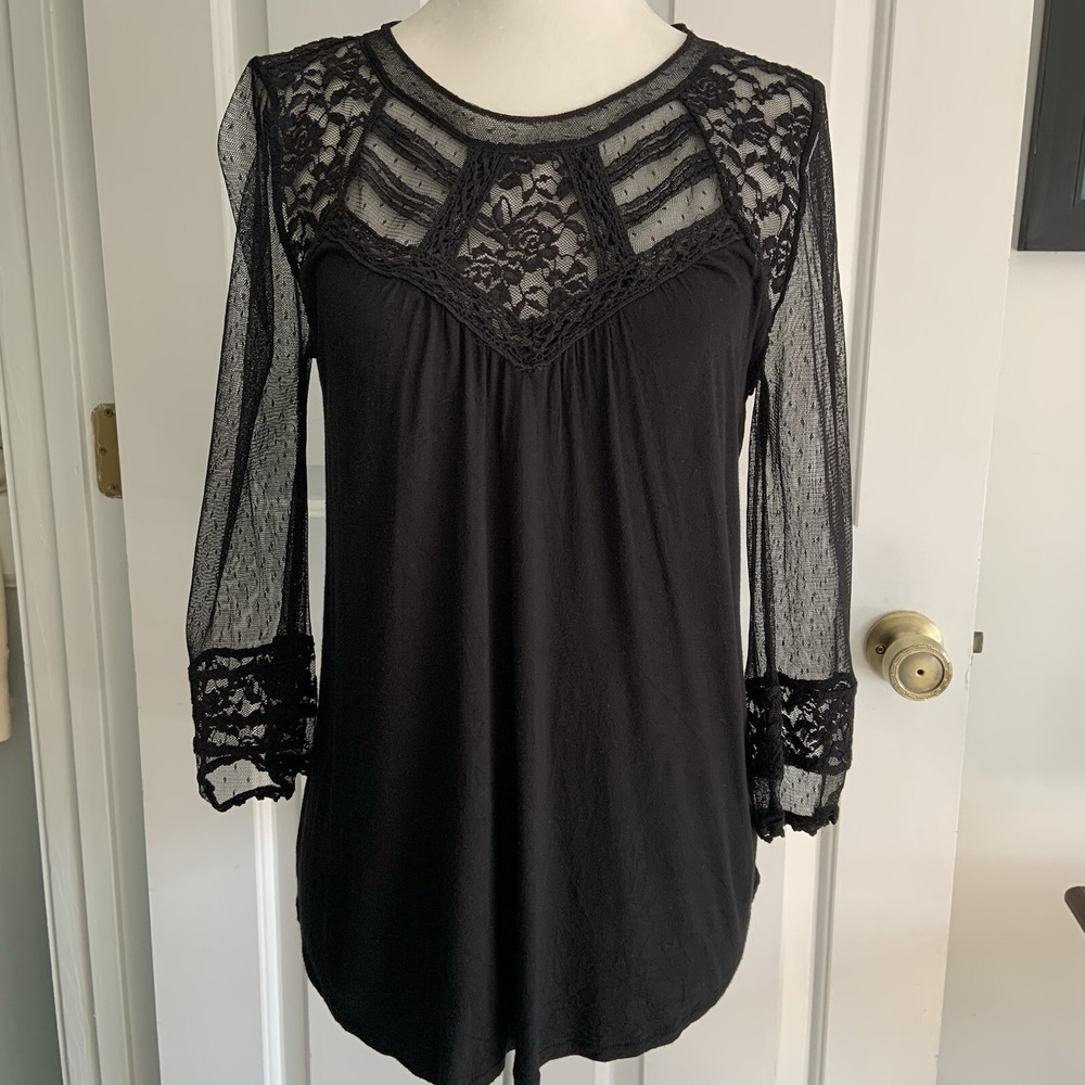 Express coquette Black Sheer Lace chest and 3/4 sleeves romantic top sz  XS
